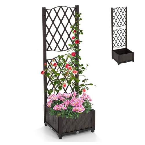 RELAX4LIFE Fioriera da Esterno con Spalliera in Rattan PE, Aiuola Rialzata con Grigliato, Porta Vasi di Fiori e Piante Rampicanti per Giardino/Balcone/Terrazza/Cortile, Marrone (40x40x122cm)