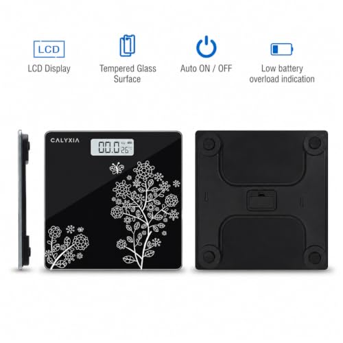 Image of Digital Weight Machine Scale 180kg Capacity, Tempered Glass Electronic Body Weight Machine with LCD Display, Auto On /Off, High Precision, Floral Black Design for Home Use