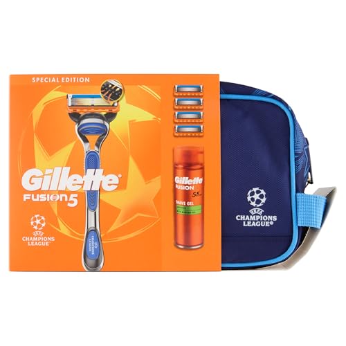 Gillette Fusion5 UEFA Champions League Special Edition – Incluye 1 afeitadora húmeda Gillette 4 cuchillas de repuesto con tiras deslizantes y 5 cuchillas, afeitado de larga duración, gel de afeitar de
