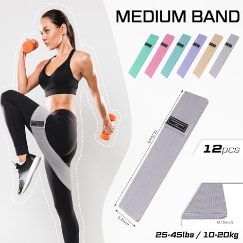 Image of 12 Pcs Fabric Resistance Bands for Working Out Non-Slip Booty Exercise Loop Bands for Women Men Glutes Hip Thigh Butt Yoga Pilates Fitness Gym, Light Medium Heavy