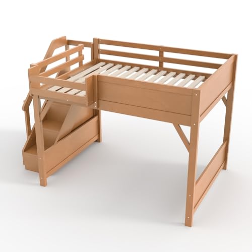 Image of KEIKI Solid Wood Full Size Loft Bed Frame with Stairs Built-in Wardrobe | Full Size Loft Bed with Storage Shelves, Full-length Guardrails, No Box Spring Needed for Bedroom, Dorm, Antique Natural