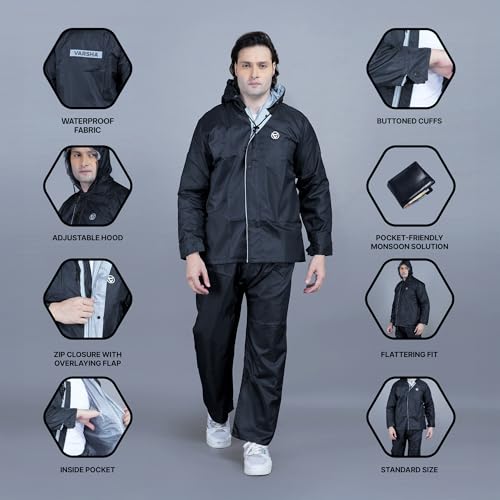 Image of VARSHA - Basic Reversible Rain Coat for Men, Men's Raincoat with Adjustable Hood, Heavy-Duty Zip & Button Closure,Buy Portable Waterproof Rainwear Suit for Bike.(NX)