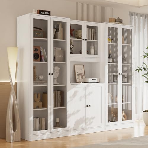 VOWNER-3PCS-Bookshelf-and-Bookcase-5-Tier-Modern-Bookshelves-with-3-Large-Drawer-Glass-Display-Cabinet-with-Lager-Storage-Shelf-Combination-Storage-Shelves-for-Home-Office-White-CAC VOWNER 3PCS Bookshelf and Bookcase 5 Tier Modern Bookshelves with 3 Large Drawer Glass Display Cabinet with Lager Storage Shelf Combination Storage Shelves for Home Office White CAC