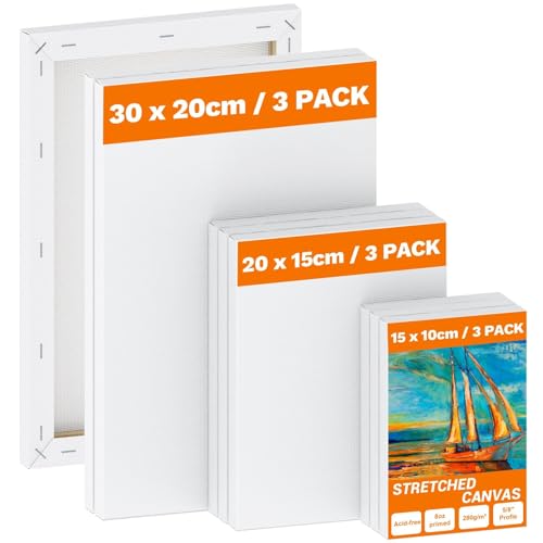Koncci 9 Pack Stretched Canvas for Painting, Blank Canvas Set (30x20 20x15 15x10cm), Acid-Free/Cotton/280GSM/Triple Primed Canvases for Acrylic, Oil Paint & Wet Art Media Artwork, Kids Beginner Artist