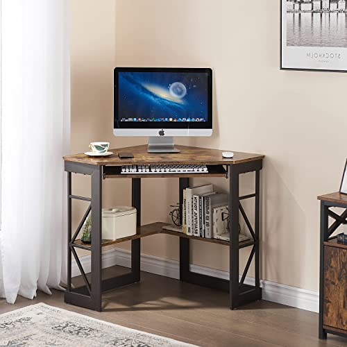 Vecelo Corner Computer Desk Writing Smooth Keyboard Tray & Storage Shelves,Compact Home Office Triangle Table, Antique Brown #TOP3
