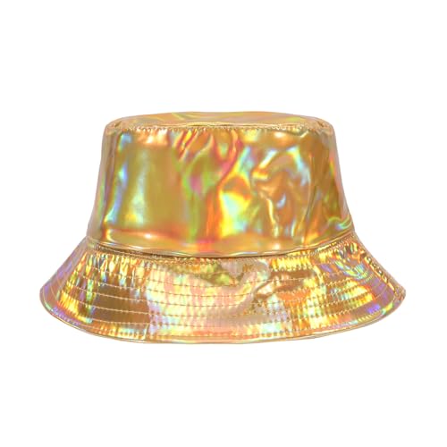 Image of Unisex Black Bucket Hat Waterproof Rain Hat Reversible Shiny Rave Bucket Hat for Concert Festival