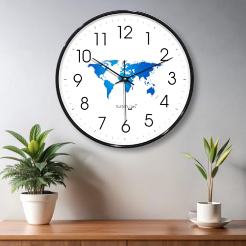 Image of RANDOM Black Plastic World Map Print Sweep Silent Round Battery Operated Analog Wall Clock for Home Office, Living Room, 32 cm