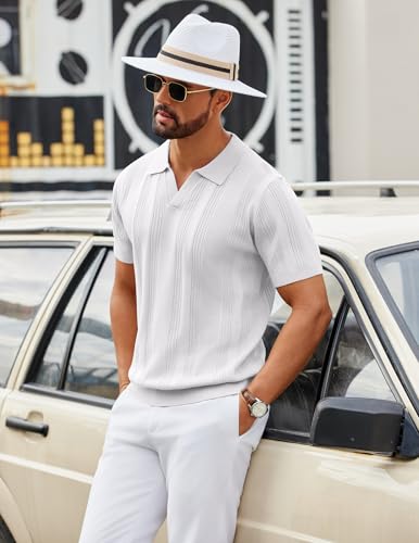 Image of COOFANDY Mens Knit Polo Shirts V Neck Textured Polo Shirts Short Sleeve Breathable Polo Casual Collared T Shirt Fashion Tops