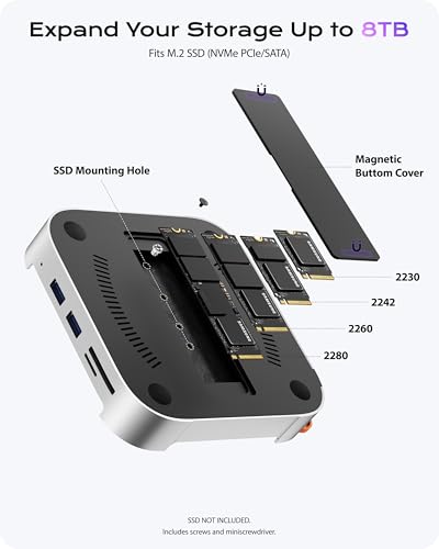 Image of Stouchi Mac mini M4 Dock Stand with 8TB NVMe SATA SSD Enclosure, 2* USB A 10Gbps, 4K@60Hz HDMI, SD /TF Slot, 2* USB A Data Port, Audio 3.5mm, Easy Power Button & Stable Wi-Fi for Mac mini M4 /Pro 2024