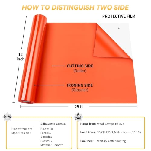 Image of VinylRus HTV Heat Transfer Vinyl Roll, Orange, 12 inch x 25FT