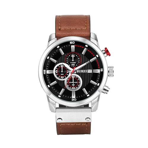 BUREI Mens Brown Vintage Leather Strap Multi-Dial Calendar Waterproof Watch Simulation Quartz Watch Classic Sports Men's Watch Gifts