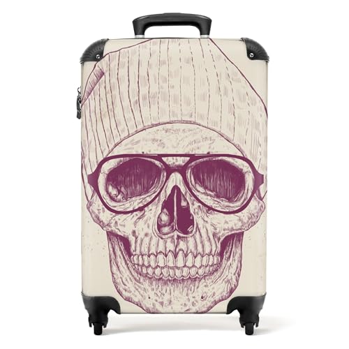 NoBoringSuitcases.com® Koffer Handgepäck Trolley Rollkoffer Kleine Reisekoffer mit 4 Rollen - Schädel - Brille - Hut - Totenkopf - 55x35x20cm - Fotokoffer - Kabinenkoffer - Boardgepäck