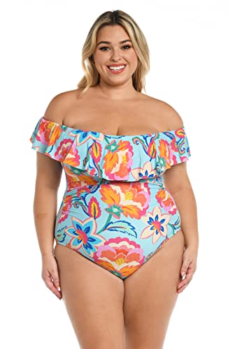 La Blanca Women's Off Shoulder Ruffle One Piece Swimsuit, Multi//Breezy Beauty, 18W #TOP2