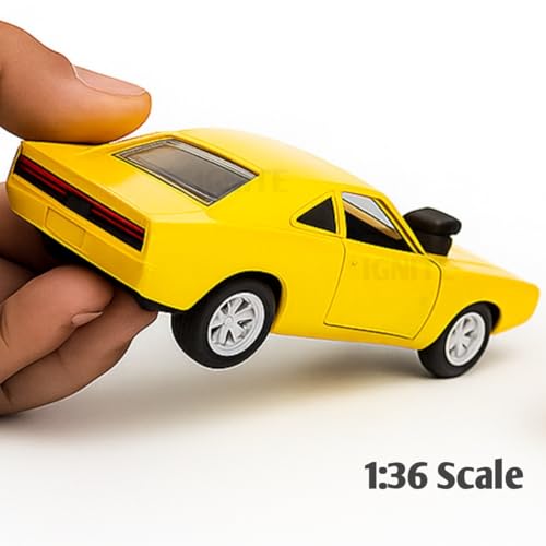 Image of 1:36 Scale Fast & Furious 7 Dom Dodge Charger Toy Car - Die-Cast Alloy Pullback Model Vehicle with Openable Doors - Collectible Metal Racing Car Toy for Kids, Boys (Yellow)