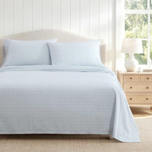 Image of Martha Stewart - King Sheet Set with Fitted Sheet & Pillowcases, Cotton Percale Bedding with a Smooth Feel, Deep Pocket, Leaves Blue