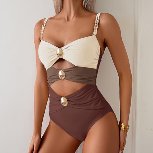 Image of B2prity Cutout One Piece Swimsuit Tummy Control Ruched Monokini Color Block Bathing Suit for Cruise Vacation