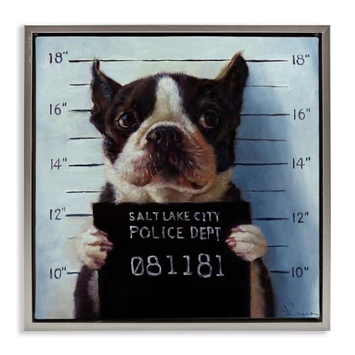 Image of Boston Terrier Mugshot Humor, 24 x 24 Inch Canvas in Floater Frame | Stupell Industries . By Lucia Heffernan . Ready to hang once unboxed . Great gift for dog lovers . Made in USA
