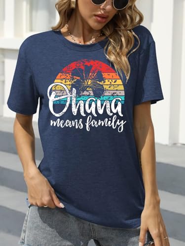 Image of Ohana Means Family Tshirt Women: Hawaii Tropical Graphic T-Shirt Summer Vacation Short Sleeve Tee Top