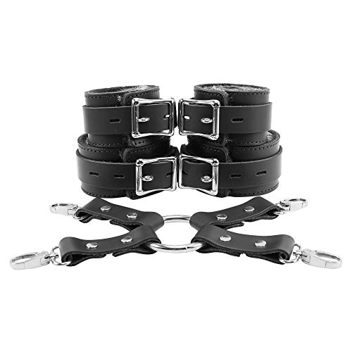 Amelia Wrist Cuffs Ankle Cuffs Leather Connector Set Genuine Leather Chinchilla Fur (Black)