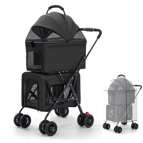 Pet Stroller Double Deck 4 Wheels Withe Rain Cover - Easy-Fold Dog Cat Stroller for Small Medium Dog Cats Carrier, Travel Folding Carrier Breathable and Visible Mesh with Cup Holder（Black）
