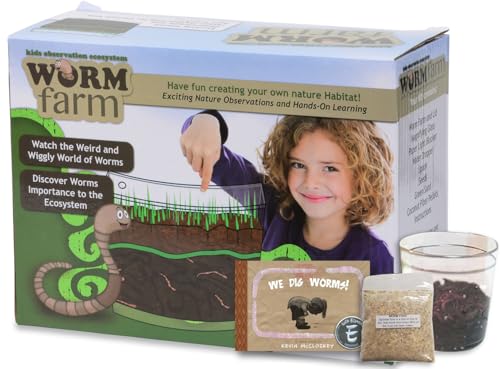 Worm Farm for Kids Shipped with Live Worms Food & Book - Worm Farm Kit with Ecosystem Soil Mixing Sand Magnifying Glass & More