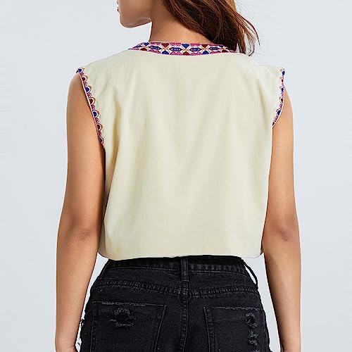 Image of Women Vintage Floral Embroidered Vest Y2K Sleeveless Open Front Cardigan Boho Linen Cropped Waistcoat