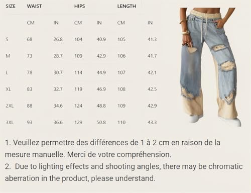Women's Denim Trousers with Stitching and Ripped Design Summer Drawstring Casual Retro Elastic Waist Wide Leg Patchwork Jeans2
