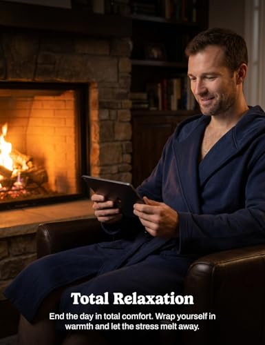 Image of Eddie Bauer Mens Robe - Luxury Fleece Bathrobe with Hood and Pockets | Soft Warm Plush Winter Bath Robe for Men