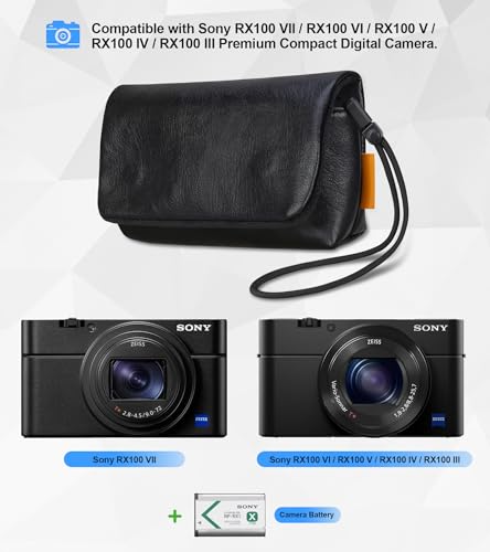 Image of Lacdo Camera Case Bag for Sony RX100 VII / RX100 VI / RX100 V /RX100 IV /RX100 III Digital Camera, Soft Leather Protective Camera Travel Pouch Sleeve, Compact Sony RX100 Camera Bag with Wrist Strap, Black