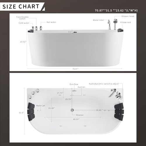 Empava 71 in. Acrylic Freestanding Tub Hydromassage Gracefully Oval Shaped Whirlpool 8 Water Jets Soaking SPA, Double-Ended Massage Bathtub with Two Black Pillow