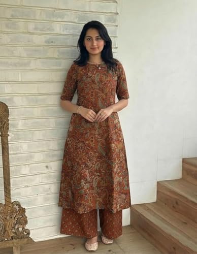 Image of ANNI Designer Women's Rayon Viscose Straight Printed Kurta with Palazzo | Elbow Length Sleeve Kurti Set | Close Neck with Back Slit | Soft Comfortable Fabric | 2 Piece Outfit