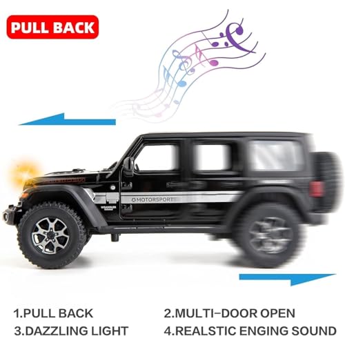 Image of Rubicon Wrangler Toy Car for Kids Collection 1:24 Scale Diecast Metal Model Car with Light Sound Pull Back Openable Door