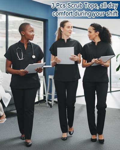 Shyyween 3 Pack Women\'s Scrub Healthcare Top, L Medical Soft Stretch Tops with Pockets, Breathable Healthcare Tee Shirt Style Uniforms, Black - Thumbnail 6