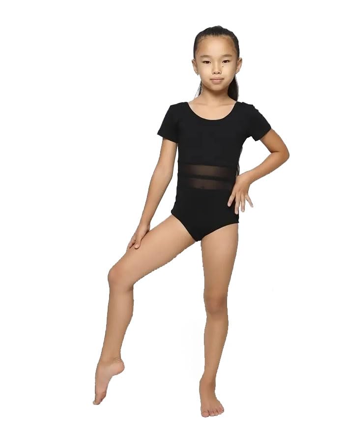 WILDWINS Maillot de manga corta para niña, gimnasia rítmica, danza, ballet, Negro -, 158-164