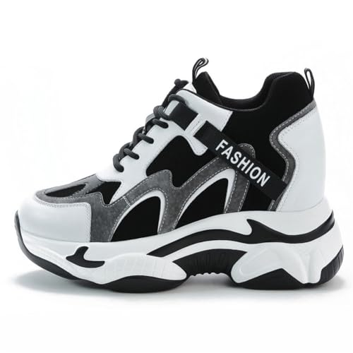 Women's High Heeld Wedge Sneakers, Non Slip Leather Height Increasing Fashion Shoes Casual Comfort Inner Heightening Walking Shoes