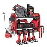 Lisgicabin Organizador de herramientas eléctricas de alta calidad montado en la pared con estación de carga. Organizadores de garaje de metal y almacenamiento, estante resistente para 4 taladros