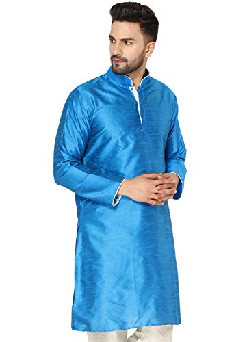 Image of Men's Art Silk Woven Design Long Kurta Mandarin Collar Straight Shirt