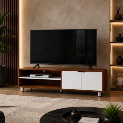 Image of GRATUS Duston Engineered Wood Wall Mount TV Stand | Modern Entertainment Unit with Set Top Box Shelf | Dual Tone Walnut & White | Easy DIY Setup