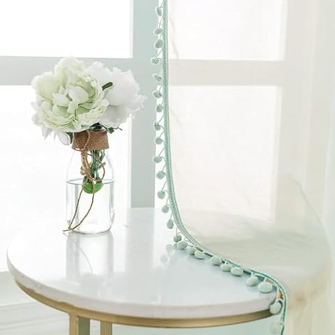 Urban Space Mint Green Sheer Curtain 63 Inches Long for Window Linen Textured Sheer Curtains with Eyelets for Kitchen, Living Room - Set of 2 Curtains with Pom Pom (Mint Green 63L x 47W Inches) Cover