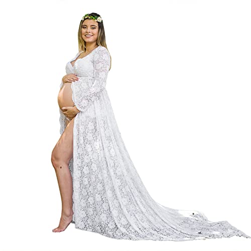 Vestido de maternidad para mujer, de gasa, de encaje, sin tirantes, elegante, con parte delantera dividida, maxi vestido de maternidad, para embarazadas, maternidad, sesión de fotos, maxifalda