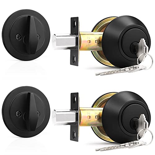 Probrico Keyed Alike Single Cylinder Deadbolts Flat Black, Keyway Keys Handleset, 3 Keys Interior& Exterior Door Hardware (for Entrance Lock and Front Gate), 2 Pack