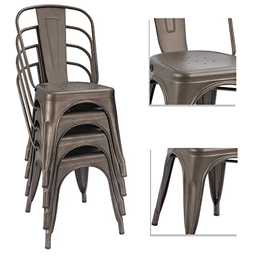 Image of Devoko Metal Indoor-Outdoor Chairs Distressed Style Kitchen Dining Chairs Stackable Side Chair with Back Set of 4 (Gun)