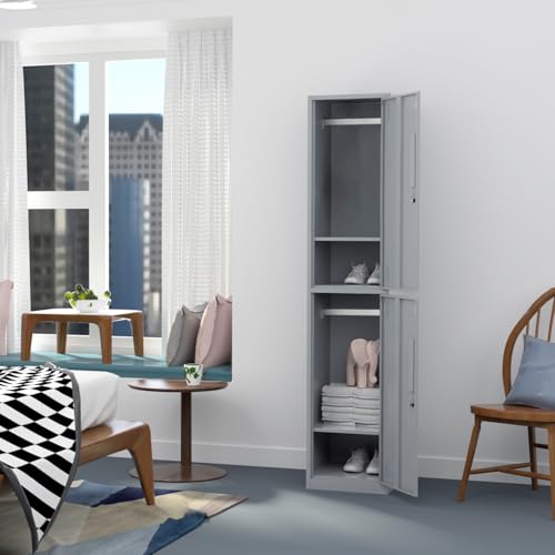 Image of Metal Locker for Home, Dressing Room, 71 inch Steel Storage Lockers for Employees, Lockable Locker Cabinet with 2 Doors (Grey)