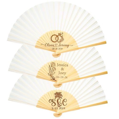 GZLDGIFTS 10PC Personized Custom Wedding Favors Folding Fans Bulk Gifts for Party Favors Guests Customized Fabric Hand Silk Wedding Hand Fans Bridesmaid Birthday Bachelor Party Fans (White)