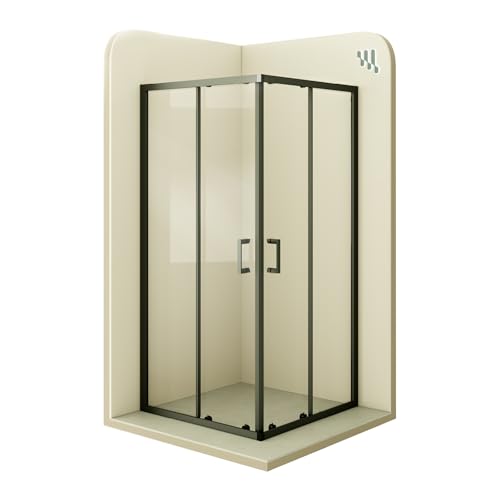 Mampara de Ducha Diana 80x90x190cm, REVERSIBLE, Puertas Correderas, Ajuste 77.5-79.5x87.5-89.5cm, Perfiles Negros, Cristal Templado Transparente 6mm