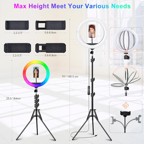 Image of STALLY 10.2 inch Ring Light with Stand and Phone Holder, 75 inch Tripod 96 RGB Mode
