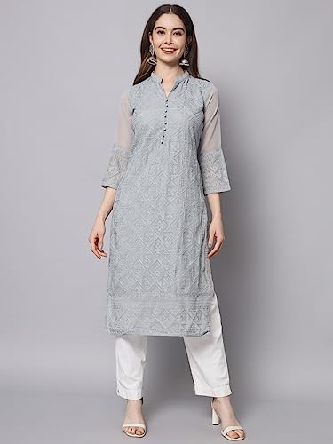 Image of Ekasya Women's Georgette Embroidered Work Kurta with Notch Neck 3 /4 Sleeves Straight Cut Calf Length | E1547