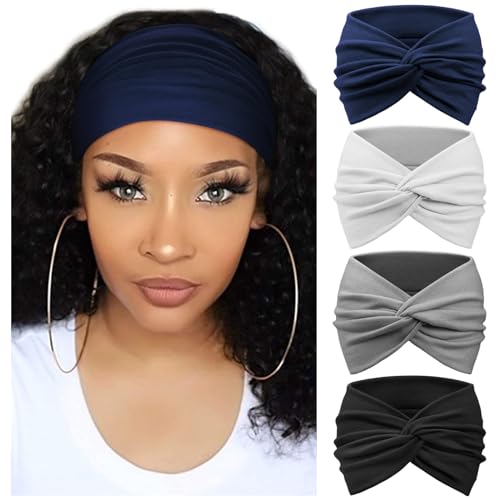 Image of AQOKKA Extra Wide Headbands for Women Large Turban Headband Non Slip Boho Elastic Hairband Hair Twisted Knot Head Bands Accessories(Navy Blue, White, Grey, Black)