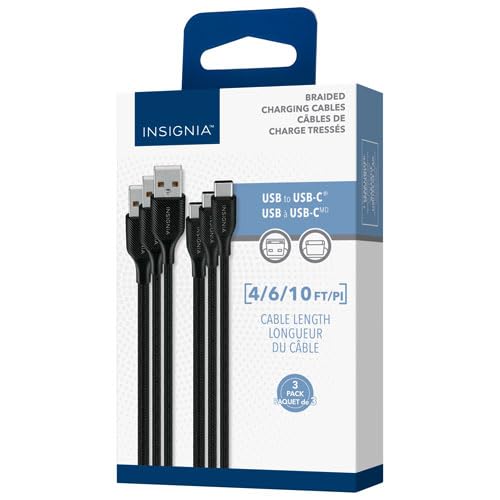 INSIGNIA Cables USB, carga de alta velocidad de 20 Gbps y sincronización de datos, nailon trenzado, compatible con MacBook, portátil, iPhone, iPad, Android (4/6/10 pies (paquete de 3, negro), cable