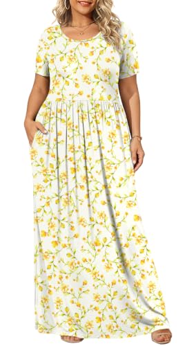 dresses for larger ladies BISHUIGE Womens 2026 Plus Size Maxi Summer Casual Short Sleeve Long Dress with Pockets XL-6XL XX-Large, Apricot Color florets at Amazon Women's Clothing store Indo western